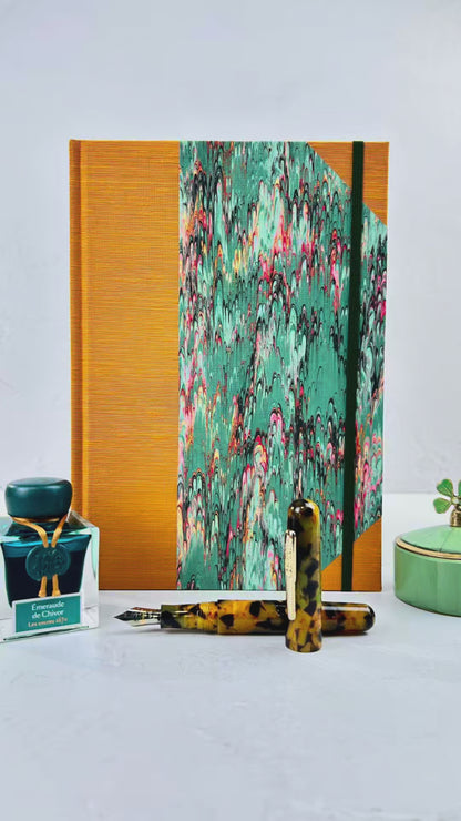 B5 192-page Hardcover Journal finished in Ochre Japanese book cloth and green French Marble Paper