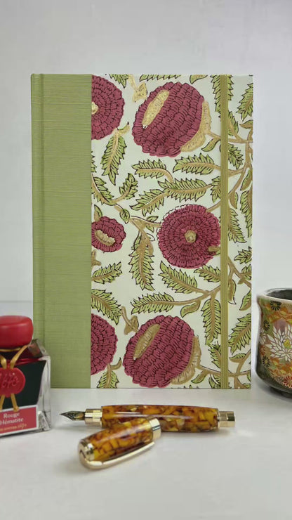 B5 192-page Hardcover Journal finished in Celery Japanese book cloth and Red Floral Chiyogami Paper