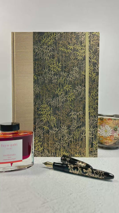 A5 Hardcover Notebook finished in soft gold Japanese Bookcloth and gold/bronze bamboo on black Chiyogami Paper