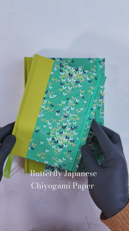 A5 160-page Hardcover Journal finished in Lemongrass Verona book cloth and Butterfly Chiyogami Paper