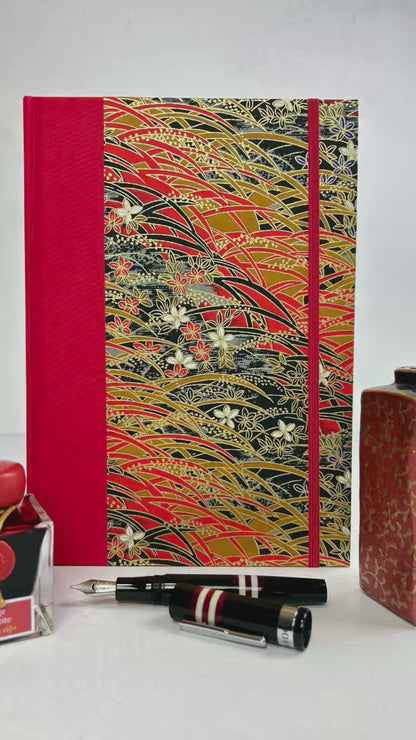 A5 160-page Hardcover Journal finished in Red Italian Verona book cloth and Vintage Floral Chiyogami Paper