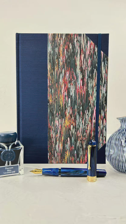 A5 160-page Hardcover Journal finished in Cadette Blue Japanese book cloth and French Marbled Paper