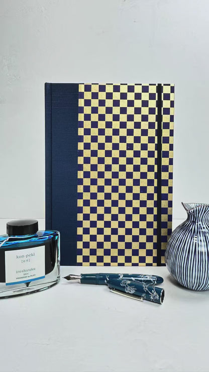 A5 160-page Hardcover Journal finished in Cadet Blue Japanese book cloth and Checkered Chiyogami Paper