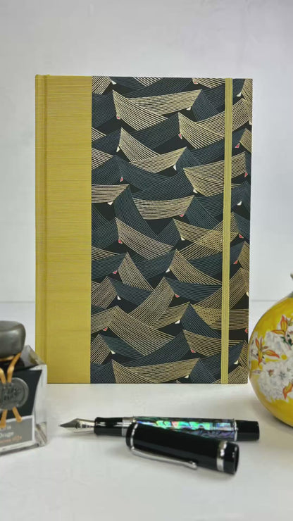 A5 160-page Hardcover Journal finished in Yellow Gold Japanese book cloth and Golden Peaks Chiyogami Decorative Paper