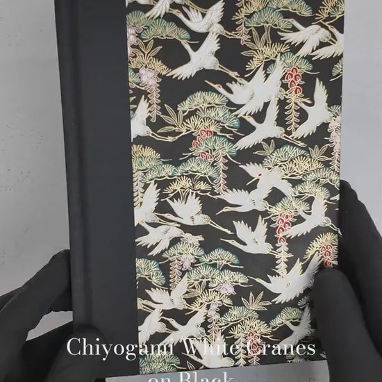 A5 128-page Hardcover Notebook - White Cranes on Black Chiyogami Paper
