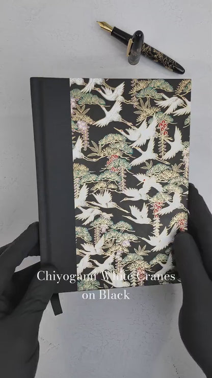 A5 128-page Hardcover Notebook - White Cranes on Black Chiyogami Paper