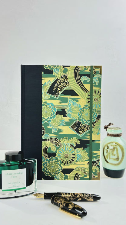 A5 Hardcover Notebook finished in Black Japanese book cloth and bold botanical Chiyogami Paper