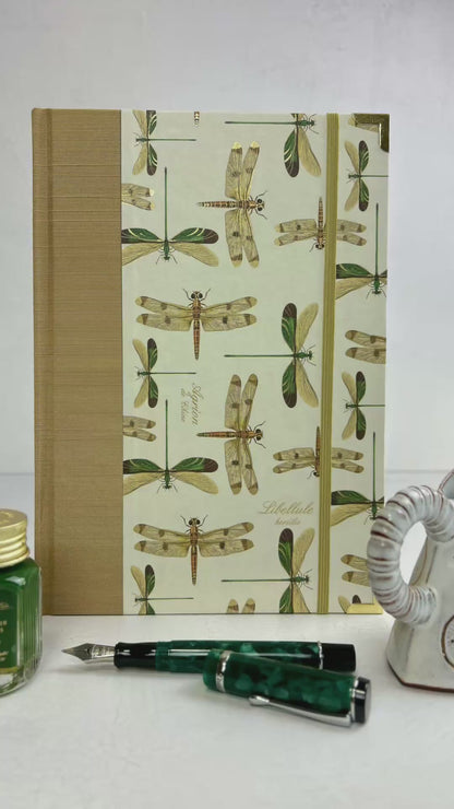 A5 160-page Hardcover Journal finished in Soft Gold Japanese book cloth and Dragonfly Florentine Italian Paper