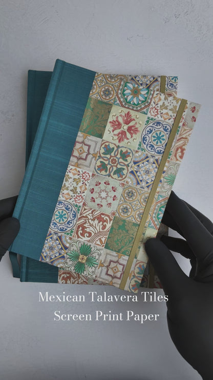 NEW A5 160-page Hardcover Journal finished in Cadette Blue Japanese book cloth and Mexican Talavera Tile silk screen paper
