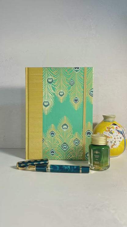 A5 Hardcover Notebook finished in Yellow Gold Japanese Book cloth and Matthew Williamson Peacock print