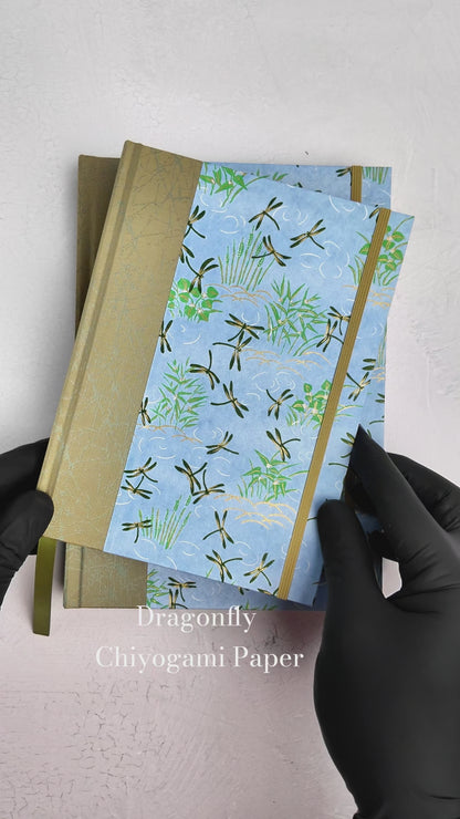 NEW B5 192-page Hardcover Journal finished in Green Japanese Book Cloth and blue Dragonfly Chiyogami Paper
