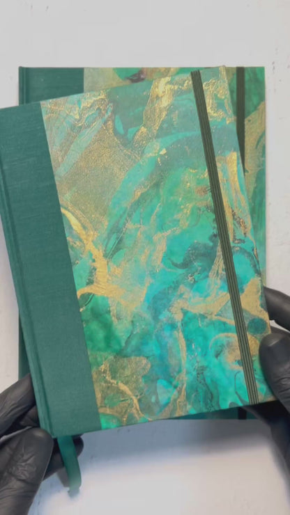 B5 Hardcover Notebook finished in Mohair Green Japanese Bookcloth and Hand Marbled Thai Momi Paper