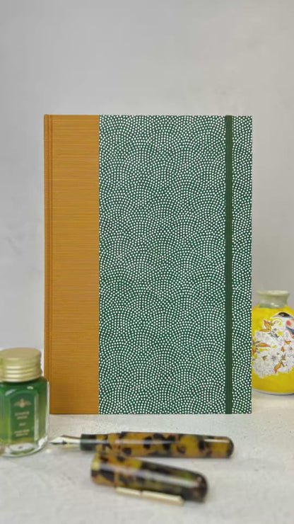 A5 Hardcover Notebook finished in White Polka Dots on Green Chiyogami Paper