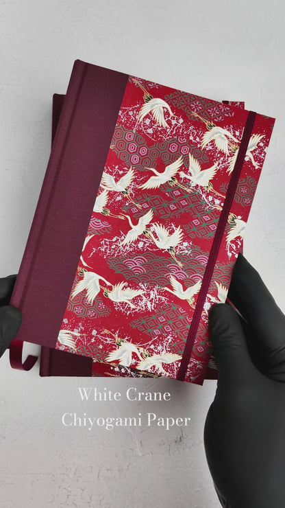 NEW B5 192-page Hardcover Journal finished in Maroon Japanese book cloth and white Cranes on red Chiyogami paper
