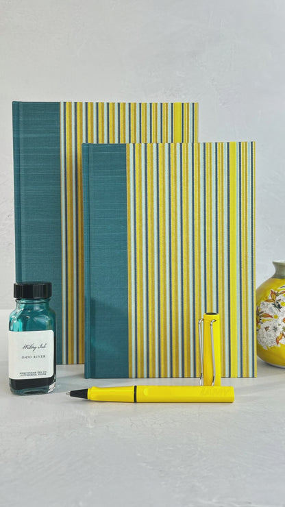 A5 160-page Hardcover Journal finished in Marine Blue Japanese book cloth and pinstripe Chiyogami Paper