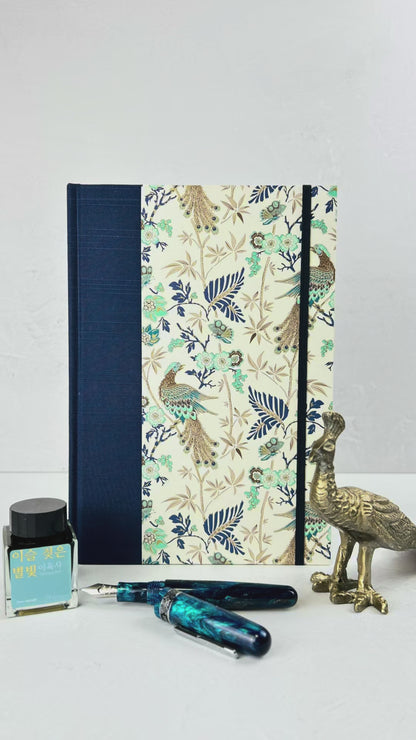B5 Hardcover Notebook finished in Cadette Blue Japanese book cloth and Gold Peacock Italian Print