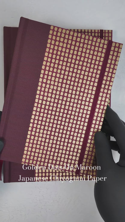 PRE-ORDER NEW A5 160-page Hardcover Journal finished in Maroon Japanese Book Cloth and Gold Dots in Maroon Chiyogami Paper