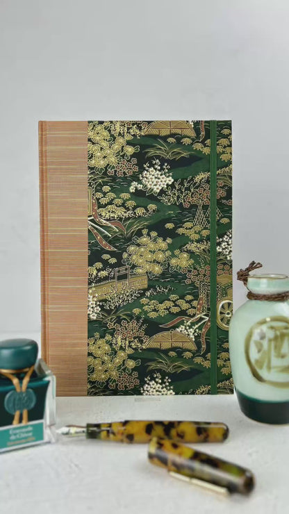 NEW A5 Hardcover Notebook finished in Bronze Japanese book cloth and Classic Green Gold Chiyogami Paper
