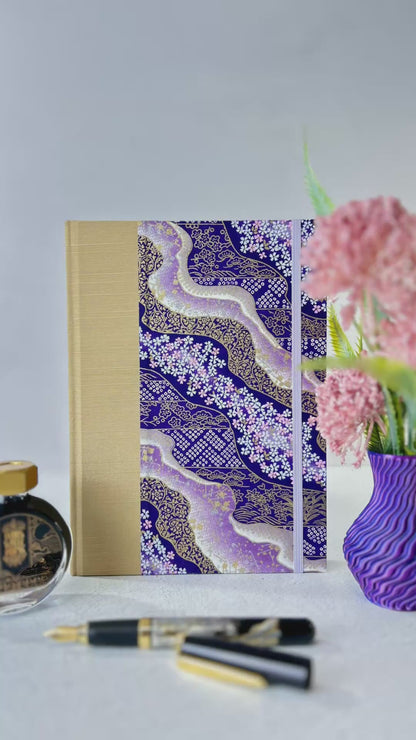 A5 Hardcover Notebook finished in Soft Gold Japanese book cloth and Imperial Purple and Gold Chiyogami