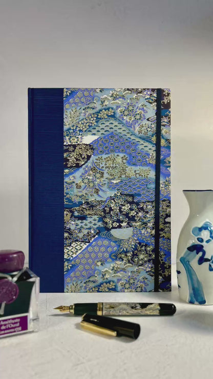 A5 Hardcover Notebook finished in Cadet Blue Japanese book cloth and vintage blue and purple Chiyogami decorative paper