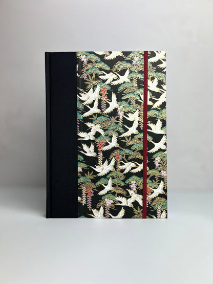 B5 192-page Hardcover Notebook finished in luxurious Black Japanese Bookcloth and White Cranes Chiyogami Japanese Paper