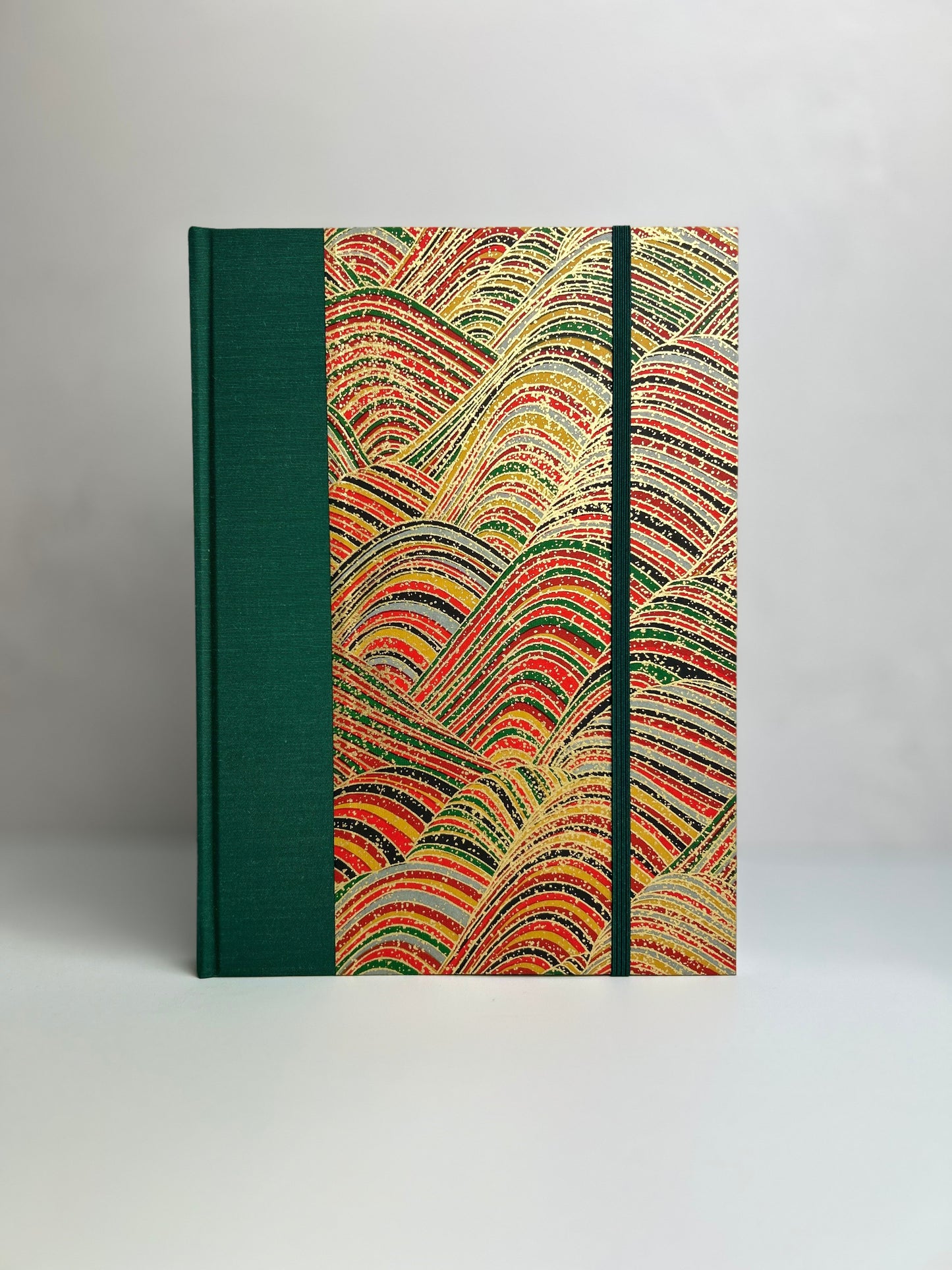 B5 192-page Hardcover Notebook finished in Green Mohair Japanese Bookcloth and Rolling Hills Chiyogami Paper