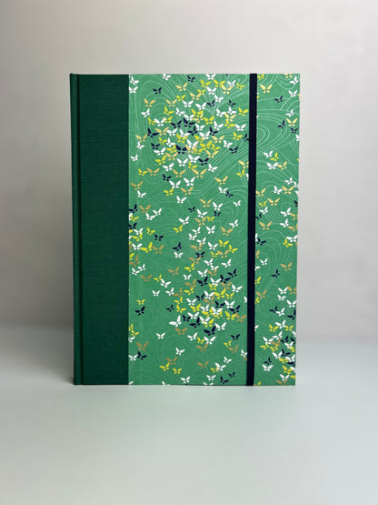 B5 192-page Hardcover Notebook finished in Green Mohair Japanese Bookcloth and Butterflies on Green Chiyogami Paper